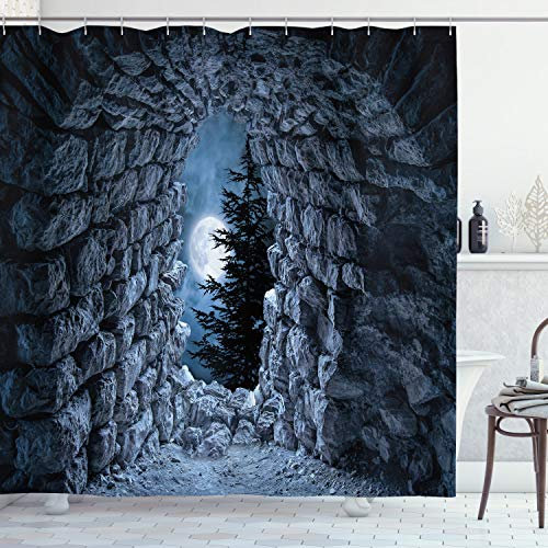 ABAKUHAUS gotisch Duschvorhang, Vollmond dunkle Höhle, Stoffliches Gewebe Badezimmerdekorationsset mit Haken, 175 x 200 cm, Blaugrau