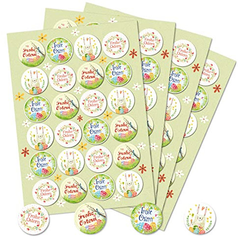Aufkleber Set Ostern: 96 Runde Ostersticker, Hochwertiger Druck, Bunt mit Osterhasen & Frohe Ostern Schriftzug, Osteraufkleber für Geschenke, Tüten & Karten, Selbstklebend, Made in Germany, ⌀ 4 cm