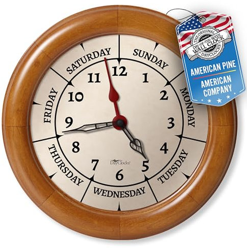 DayClocks Uhrzeit & Wochentag Wanduhr mit Massivholzrahmen - Wöchentliche Analoguhr mit Tagen, Stunden & Minuten - Leise Wanduhr - Ideales Ruhestandsgeschenk für Männer & Frauen, Kiefernholz, 25,4 cm
