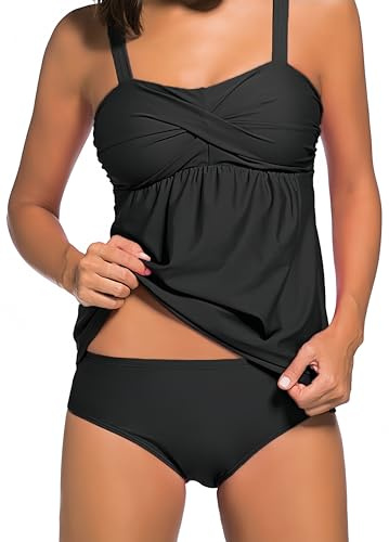 Ocean Plus Femme Débardeur Élégant avec Culotte Tankini Couleurs Solides Rembourré Maillot de Bain Deux Pièces à Bretelles Réglables (3XL (EU 44-46), Noir)
