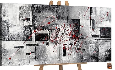 YS-Art XXL Abstrakt Acryl Gemälde auf Leinwand Courage handgemalt Wandbilder schwarz weiß grau rot Wohnzimmer modern Wohndekor Bilder Büro echte Kunst 120x60 cm