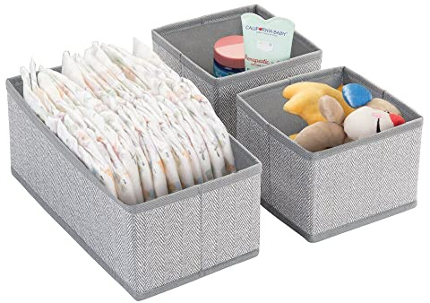mDesign 3er-Set Aufbewahrungsboxen für Kleidung, Babysachen usw. – Kinderzimmer Aufbewahrungsbox aus Stoff – Kinderschrank Organizer – grau