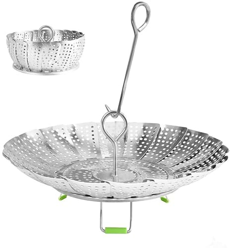 Steamer Basket Stainless Steel Vegetable Basket Metal Handle Folding Silicone Feet Steamer Insert for Cooking Veggies Fish Seafood Include Safety Tool,Fit Various Pot Pressure Cooker (5.5 to 9)