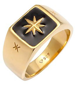 Kuzzoi Siegelring Herrenring, massiv 11 mm breit in 925 Sterling Silber vergoldet, goldene Oberfläche mit Emaille schwarz und Stern Design, Gold-Ring für Männer in der Ringgröße 58, 0606182620_58
