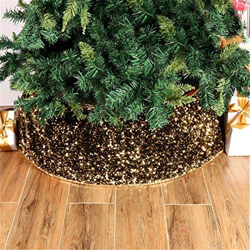 RAILONCH 48 Zoll Weihnachtsbaum Rock Abdeckung, Weihnachtsbaum-Halsband mit glänzenden Pailletten, Christbaumständer Weihnachtsdeko für Urlaub Party Zuhause Ornamente (Gold)