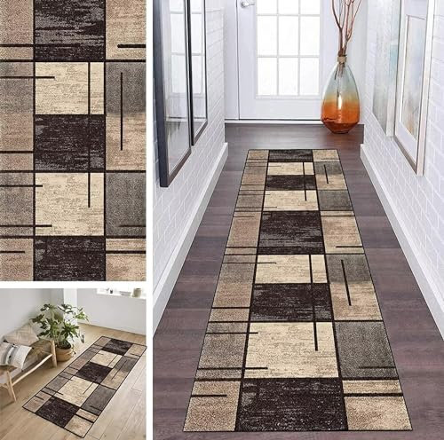 ZDYHMrj Läufer Teppich Flur Korridor Modern Geometrisch rutschfest Designer, Küchenläufer TeppichLäufer Waschbar für Flur, Schlafzimmer, Wohnzimmer, Breite 60cm/ 70cm/ 80cm/ 90cm/ 100cm/ 110cm
