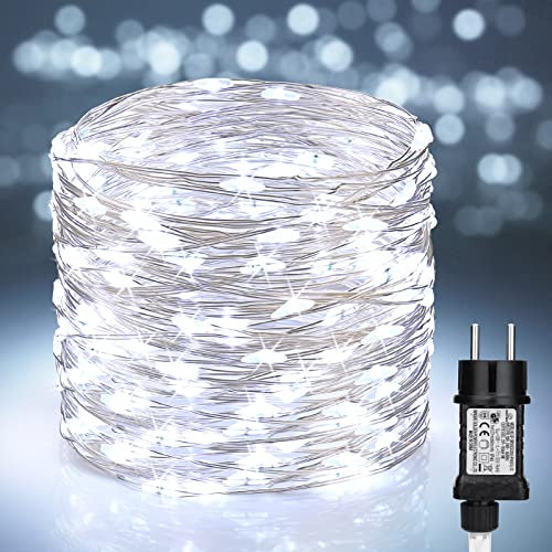 BrizLabs Lichterkette Außen Draht, 20M 200 LED Kupferdraht Weihnachten Lichterketten Innen mit Strombetrieben Wasserdicht 8 Modi Outdoor Weihnachtsbeleuchtung für Zimmer Garten Hochzeit Party, Weiß