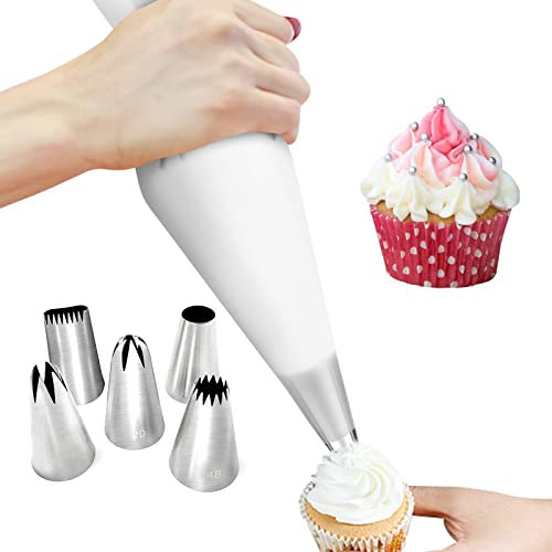 BEEK 0ZFL Spritztüllen Set 6-teilig, 5 Große Tüllen & Silikon Spritzbeutel 40 cm,Wiederverwendbar Spritzbeute,5-Arten von Edelstahlkuchen Dekorationsdüse, Plastic