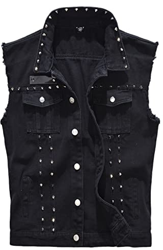 Saukiee Men's Casual Lapel Denim Vest Jacket Vintage Slim Fit Sleeveless Ripped Jeans Vests