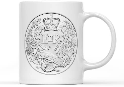 SmartyPants Queen's Platinum Jubilee 2022 Mint Coin Mug Tea Coffee Cup - Queen Elizabeth Her Majesty 70 Years Anniversary Commemorative Souvenir Royal Celebration Gift Present (White Prime)