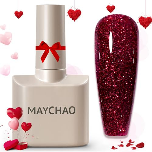 MAYCHAO Glitter Gel Nail Polish, 15ML Burgundy Glitter Gel Nail Polish, Soak Off UV LED Nail Gel Polish Nail Art Starter Manicure Salon DIY at Home, 0.5 OZ