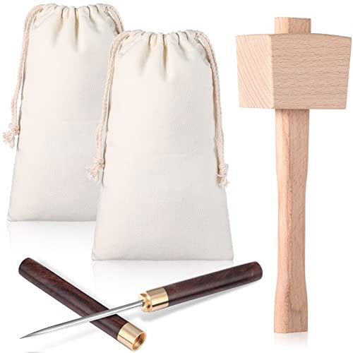 4-teiliges Canvas-Eiskratzer und Schlägel-Set mit Edelstahl-Eispickel mit Sicherheitsabdeckung, Holzgriff und Scheide, Holzhammer Eiszerkleinerer Hammer für Crush Ice Tools Barkeeper Bar Küchenzubehör