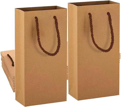 Kraft Paper Wine Gift Bags, Premium Wine Gift Bags with Handles, 10 PCS Kraft Paper Double Bottle Wine Storage Bag for Christmas, Wedding, Party (Brown)