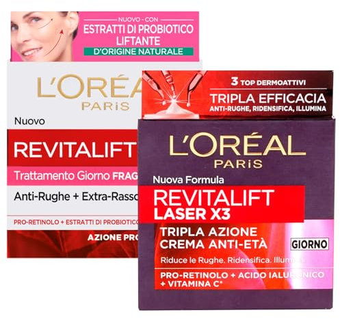 L‘Oréal Paris Revitalift Anti Age Tagespflege Gesicht mit Probiotikum und Pro-Retinol-Lifting-Effekt 50ml + Laser X3 Anti Age Straffende Tagescreme mit Hyaluronsäure und Vitamin C 50ml – 2 Cremes