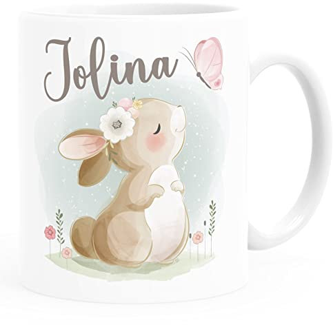 SpecialMe® Kindertasse Kunststoff Tiermotive Bär, Hase, Fuchs mit Namen personalisierte Namenstasse für Kinder Hase kunststoff-weiß standard