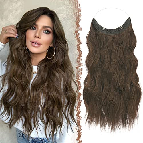 FESHFEN Secrets Haare Extensions Lange Gewellt Kastanie Braun Haarverlängerung Invisible Secret Haarextension Synthetik Hair Unsichtbarem Haarteile für Frauen 50 cm