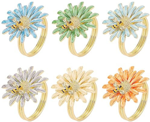 WEBEEDY 6 Stück Gänseblümchen Sonnenblumen Serviettenringe Gold Biene Serviettenringhalter für Stoffservietten Serviettenschnallen für Hochzeit Party Bankett
