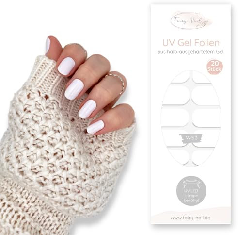 Fairy Nail UV Nagelfolien selbstklebende Gelfolien halb ausgehärtet 20 Stück Nailwraps Nagellackstreifen zum aufkleben (Weiß)