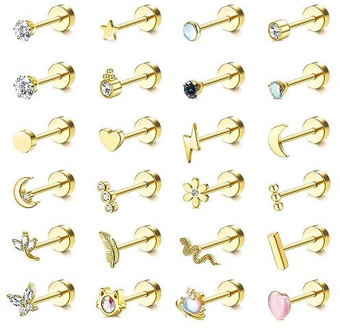Adramata 24er Set Ohrringe Stecker für Damen - Helix, Tragus & Knorpel Piercings - Schmetterling & Blume Design - Edelstahl & Gold/Silber Ohrstecker