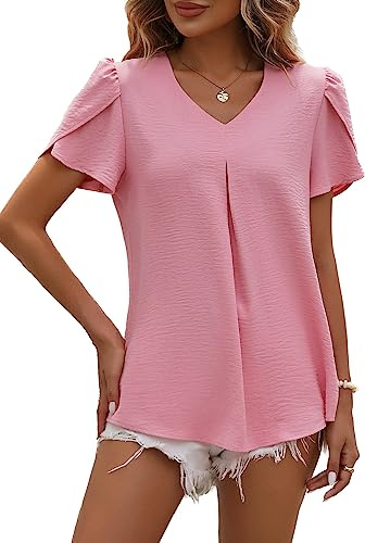 LEKOPUR Camicia da donna estiva a maniche corte, con scollo a V, in tinta unita, in chiffon, per primavera, elegante, casual, 2023