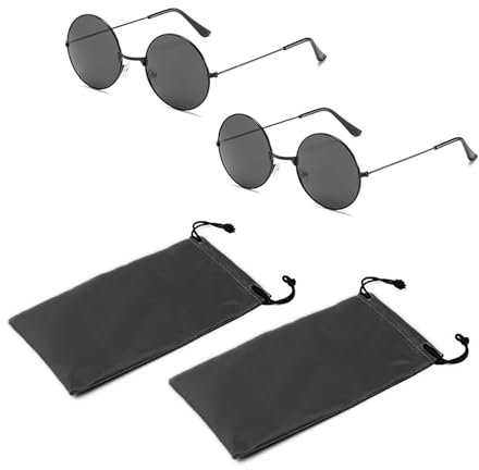 TAFACE 2 x schwarze runde Sonnenbrille mit grauen Flocken, mit 2 Brillentaschen, Hippie Retro Sonnenbrille Unisex, grau / schwarz