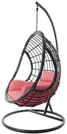 Kideo Komplettset: großer Hängesessel mit Gestell & Kissen, Hängesessel grau, Korbsessel, Poly-Rattan, anthrazit (Kissen: rosa Nest (3400 Coral))