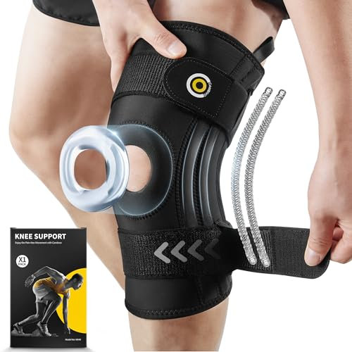 CAMBIVO 1 Stück Kniebandage mit Verstellbarer Klettverband, Kniestütze mit Seitenstabilisatoren & & Patella Gel Pads für Meniskus Riss Knieschmerzen, Verstellbare Orthopädische Patella Knieschoner