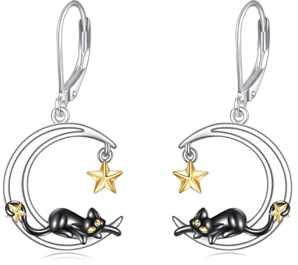 POPLYKE Schwarze Katze Ohrringe Sterling Silber Schwarze Katze Hängend Ohrringe LeverBack Ohrring Schmuck Weihnachts Geschenke für Frauen