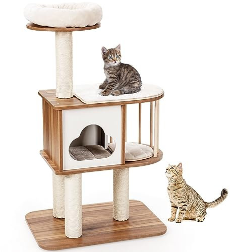 GYMAX Wooden Cat Tree, Cats Play Tower with Perch, Platform, Condo, Cushions, Scratching Posts & Protective Pine Wood Rail, Kitten Activity Centre for Climbing Sleeping (4-Tier: 68x48x117cm, Brown)