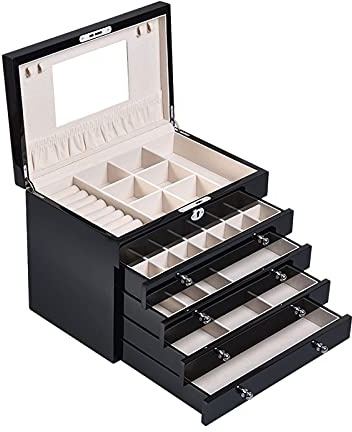 Boîte à bijoux Grande boîte à bijoux/armoire/armoire en bois avec serrure pour femmes et filles, collier, bague, organisateur de bijoux à 5 niveaux pour femmes Boîtes à bijoux et organisateurs (couleu
