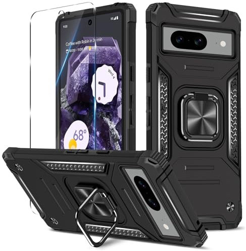Btstring Funda para Google Pixel 8 con Cristal Templado Protector Pantalla, Carcasa Antigolpes con Soporte anular metálico, Case Protectora de Grado Militar - Negro