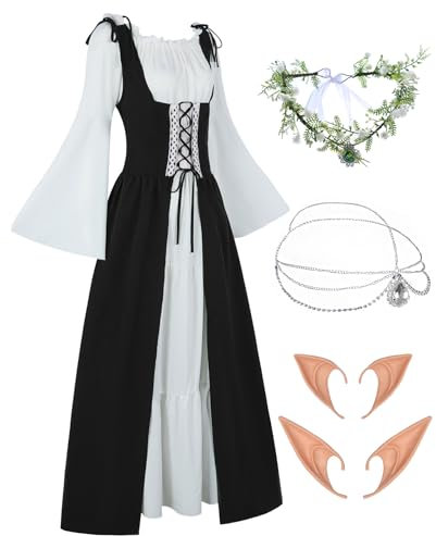 FOVER Gothic Kleidung Damen Mittelalter Renaissance Kleid Trompetenärmel Vintage Kleider Karneval Kostüm Piraten Cosplay Outfit mit Kopf Kette Blumenkranz Elfenohren Overknee Socken FR035XL