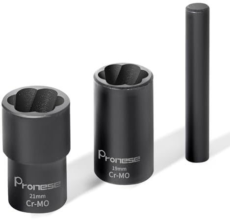 Pronese 1/2 Drive Twist Socket Set Wheel Nut Remover,Locking Wheel nut Removal Tool to Remover Damaged Rusted Lug Nut,Big Bolt Extractor Set 3Pcs 19mm,21mm Socket with 1PCS Bar