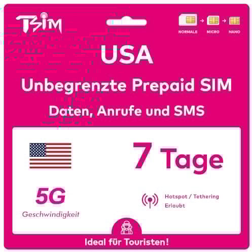 USA SIM-Karte 7 Tage. T-Mobile-Netz mit unbegrenztem Highspeed-Datenvolumen in 5G/4G/LTE | Unbegrenzte Anrufe und SMS innerhalb der USA (einschließlich Hawaii). 5G SIM-Karte!