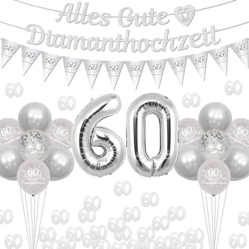 Cheereveal Diamant Hochzeit Deko, Alles Gute zum 60 Diamanthochzeit Banner, Silber Nummer 60 Folienballons, Wimpel Flagge, Tisch 60 Konfetti, 60. Hochzeitstag Partybedarf Deko für Paar Eltern