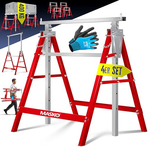MASKO® Teleskop-Arbeitsbock Untergestell 4-er Set | Klappbock max. Belastbarkeit 200 kg | Unterstellbock höhenverstellbar Min. / max. Arbeitshöhe 800-1300 mm | Gerüstbock inkl. Handschuhe | Rot