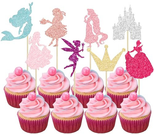 Ephlyn 24Pcs Princess Cupcake Toppers - Glitter Mermaid Castle Girl Birthday Cake Decorations for Baby Shower Party Decors Multi