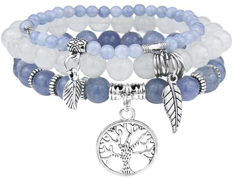 JUZICHEN 3 Stück Boho Armband Set Damen Frauen, Yoga Armband 17-24cm, Naturstein Armbänder Mit Lebensbaum Anhänger, Sommer Bunte Armbänder Für Damen Frauen (Farbe C)