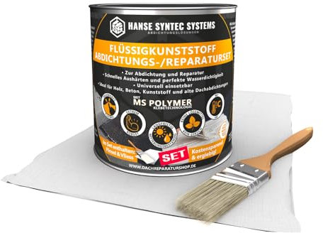 HSS Flüssigkunststoff Abdichtungsset inkl. Pinsel & Vlies – UV- & witterungsbeständig – MS-Polymer – lösungsmittel- & bitumenfrei – Weiß – 5 kg für ca. 5 m²