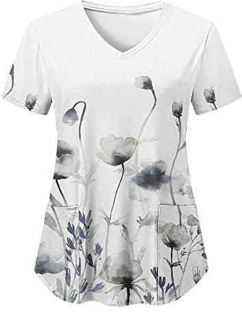 Kasacks Damen Pflege - Schlupfkasack Damen Kurzarm Kasack Berufskleidung T Shirt V Ausschnitt mit Taschen Elegant Blumen Druck Krankenpflege Altenpflege Pflegekasack Schlupf-Kasack