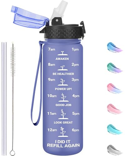 GOPPUS 500ml/17oz Bouteille d'eau pour Enfants avec Paille Bouteille de Boisson étanche pour l'école sans BPA Bouteille d'eau de Sport en Tritan Réutilisable en bas âge avec Marquage de l'heure