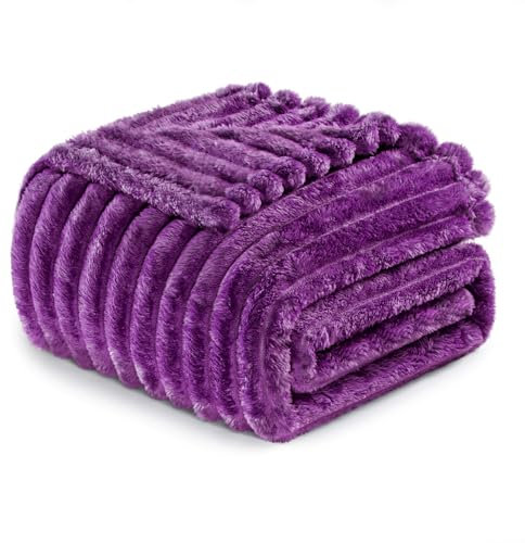 Exclusivo Mezcla Coperta Plaid Pile di Flanella per Divano, 130x150 CM Coperta Letto Singolo con Righe Jacquard, Accogliente e Leggero, Viola