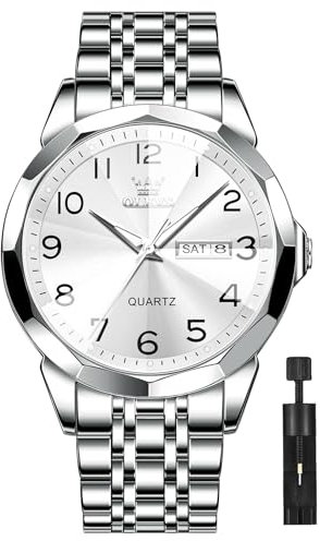 OLEVS Silber Uhr für Herren Weiß Großes Zifferblatt Analog Quarz Herrenuhren mit Datum Leuchtend Kleid Herren Günstig Uhr Breite Handgelenk Lässig Uhren Herren Arabische Ziffern Leicht zu Lesen