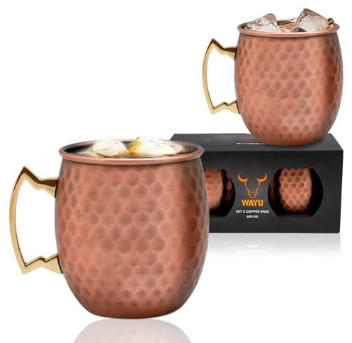 WAYU. Elegante Taza de Cobre. Vasos para Moscow Mule. Vasos Mojito. Vasos coctél. Copa cocktail alta gama. Caja con 2 unidades de 600 ml cada una.Ideal para mantener tus bebidas frías por más tiempo.