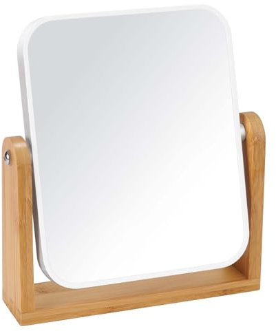 LFOYOU Vanity Makeup Mirror with Natural Bamboo Stand, Double Sided 360 Degree Swivel Magnifying Mirror, Tabletop Magnified Make up Mirror for Bathroom or Bedroom 8 Inch