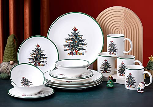 Set di stoviglie natalizie da 16 pezzi con bordo verde, stoviglie in porcellana per Natale (piatti da 1040,5 cm, piatti da 122 cm, 48 cm, 4 ciotole, 4 tazze)