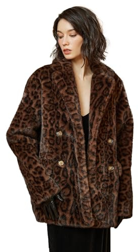 BEAUTELICATE Women’s Faux Fur Teddy Coat Fluffy Lapels Leopard Print Mid-Length Double Breasted Long Sleeve Lined Jacket Coatigan Winter Loose-fit Casual Leisure Overcoat With Pockets