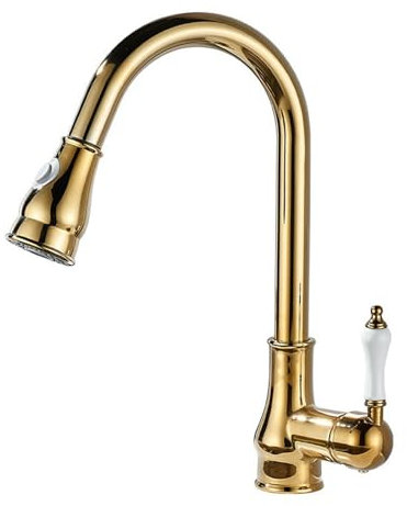 Robinet de Cuisine Rétro Vintage avec Douchette Extractible Mitigeur Cuisine 1 Trou Bec Pivotant Poignée Unique Robinet Evier Cuisine Chaud Et Froid Or Mitigeur Robinet Evier de Cuisine