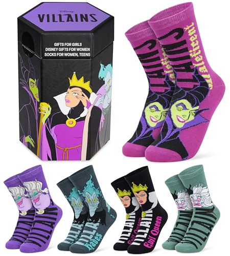 Disney Socks for Women & Teens, Pack of 5 Running Sports Cotton Work Socks, Soft & Breathable, Birthday Gifts for Women (3/8 UK, Multi Villains)