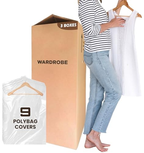 3 Large Strong Cardboard Double Wall Wardrobe Boxes | Portable Hanging Garment Carrier With Hanger Rail & Heavy-Duty Wardrobe Moving Boxes | Easy Access & Spacious Design for Hassle-Free Moving
